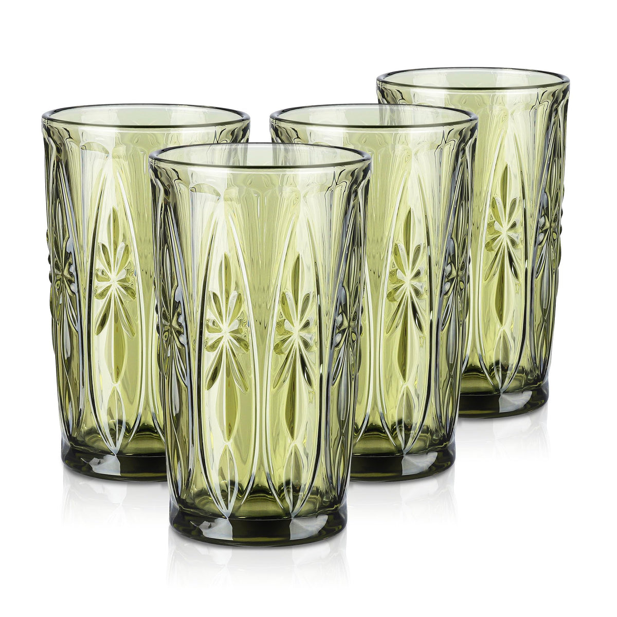 Joeyan Green Vintage Drinking Glasses,Embossed Highball Water Glass Tumbler