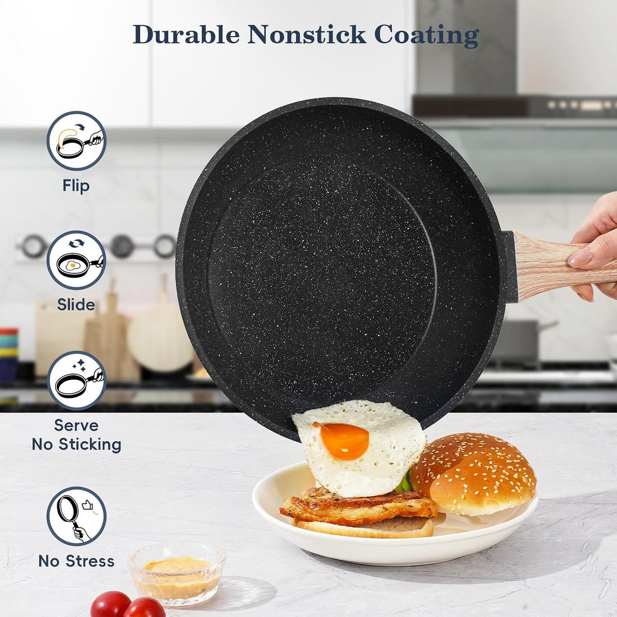 SODAY Pots and Pans Set Non Stick, 12Pcs Black Granite Induction Cookware