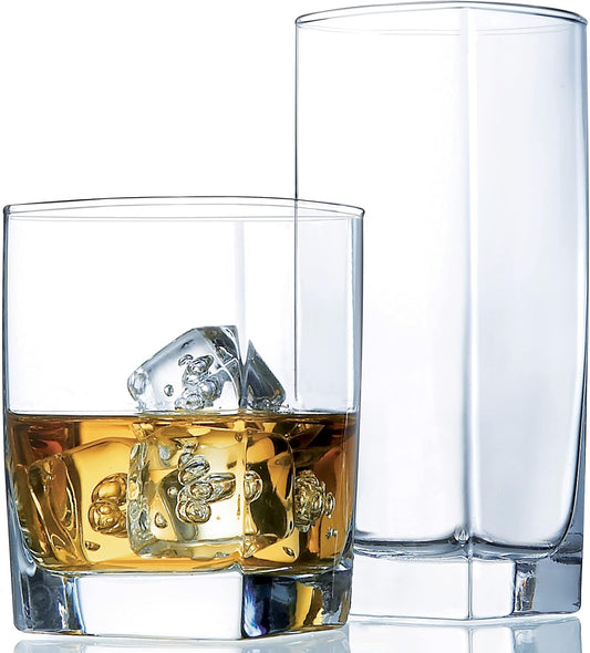 Le'raze Collins Everyday Drinking Glasses Set of 16 Drinkware Kitchen Glasses for Cocktail, Iced Coffee, Beer, Ice Tea, Wine, Whiskey, Water, 8 Tall Highball Glass Cups & 8 Short Old Fashioned.