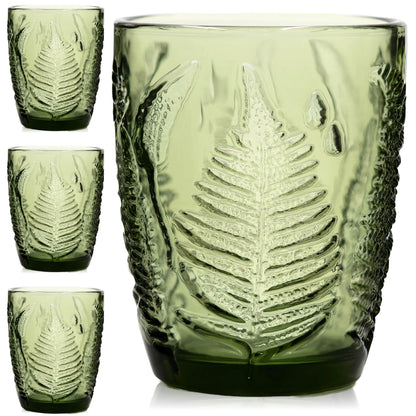 Green Drinking Glasses Set of 4, 12 oz Glass Cups, Vintage Fern Glassware