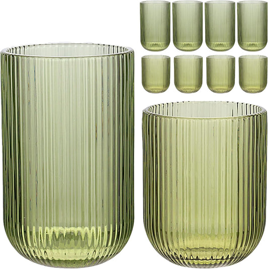 Set of 8 Ribbed Glassware,4 Highball Glasses 14oz & 4 Rocks Drinking Glasses 9oz, Green, Origami Style, Fluted Design, for Milk, Water, Cocktail, Juice, Beer, ToothBrush Cup, Gift