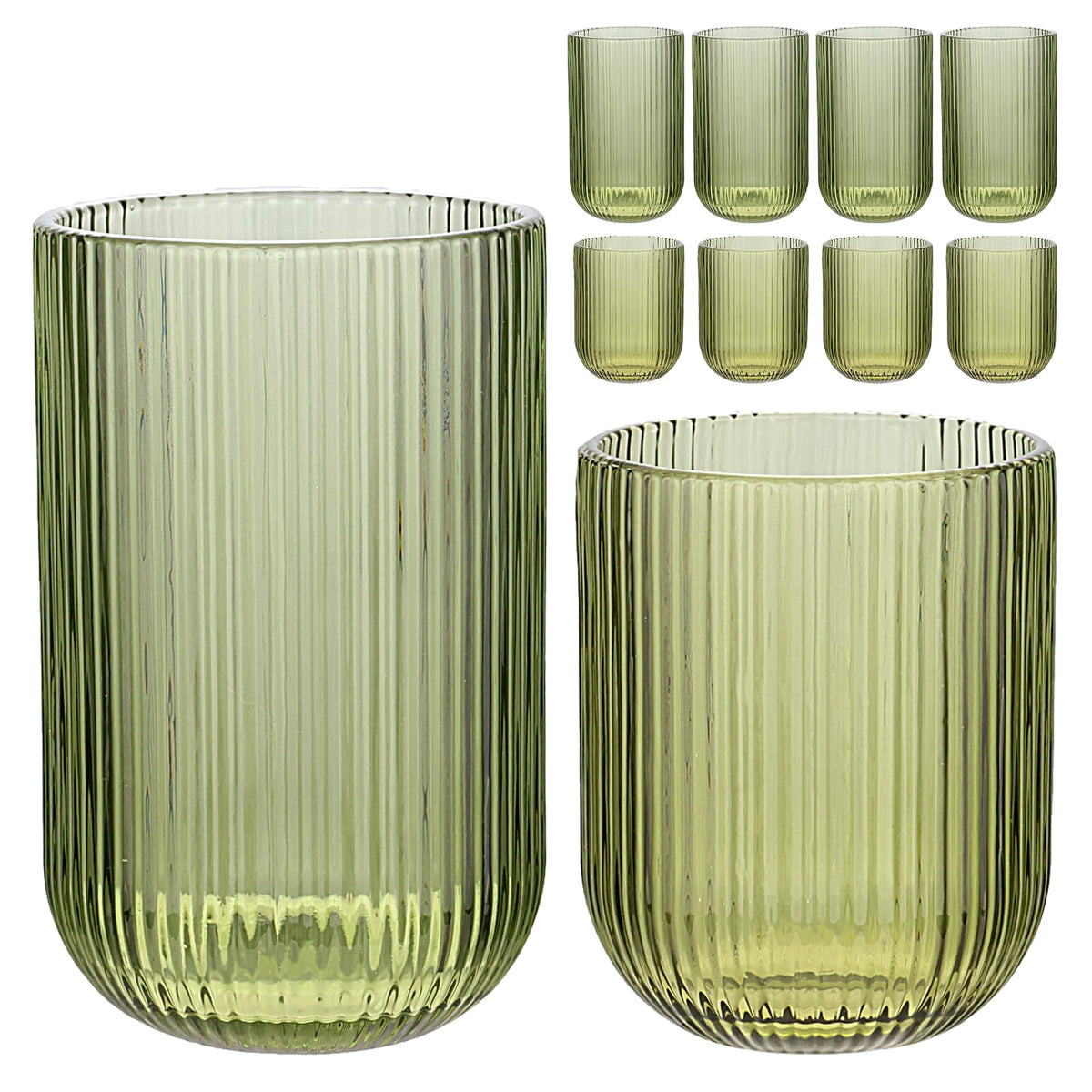 Set of 8 Ribbed Glassware,4 Highball Glasses 14oz & 4 Rocks Drinking Glasses 9oz, Green, Origami Style, Fluted Design, for Milk, Water, Cocktail, Juice, Beer, ToothBrush Cup, Gift