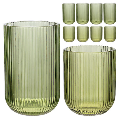 Set of 8 Ribbed Glassware,4 Highball Glasses 14oz & 4 Rocks Drinking Glasses 9oz, Green, Origami Style, Fluted Design, for Milk, Water, Cocktail, Juice, Beer, ToothBrush Cup, Gift