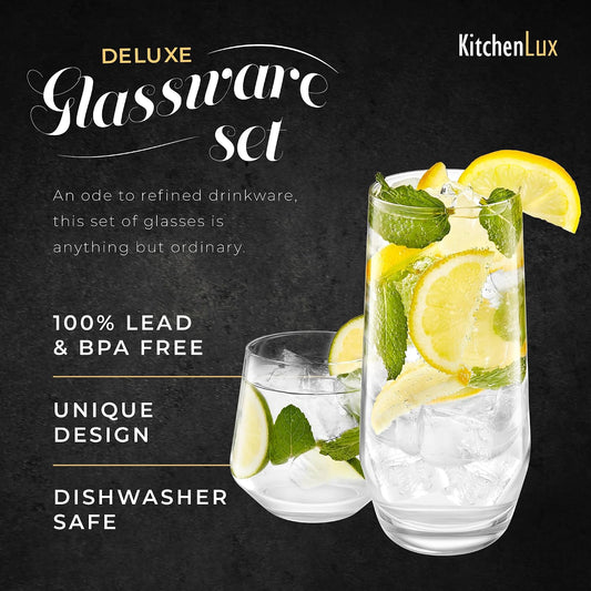 Kitchen Lux Drinking Glasses Set of 8 - Highball Tumbler & Rocks Drinkware