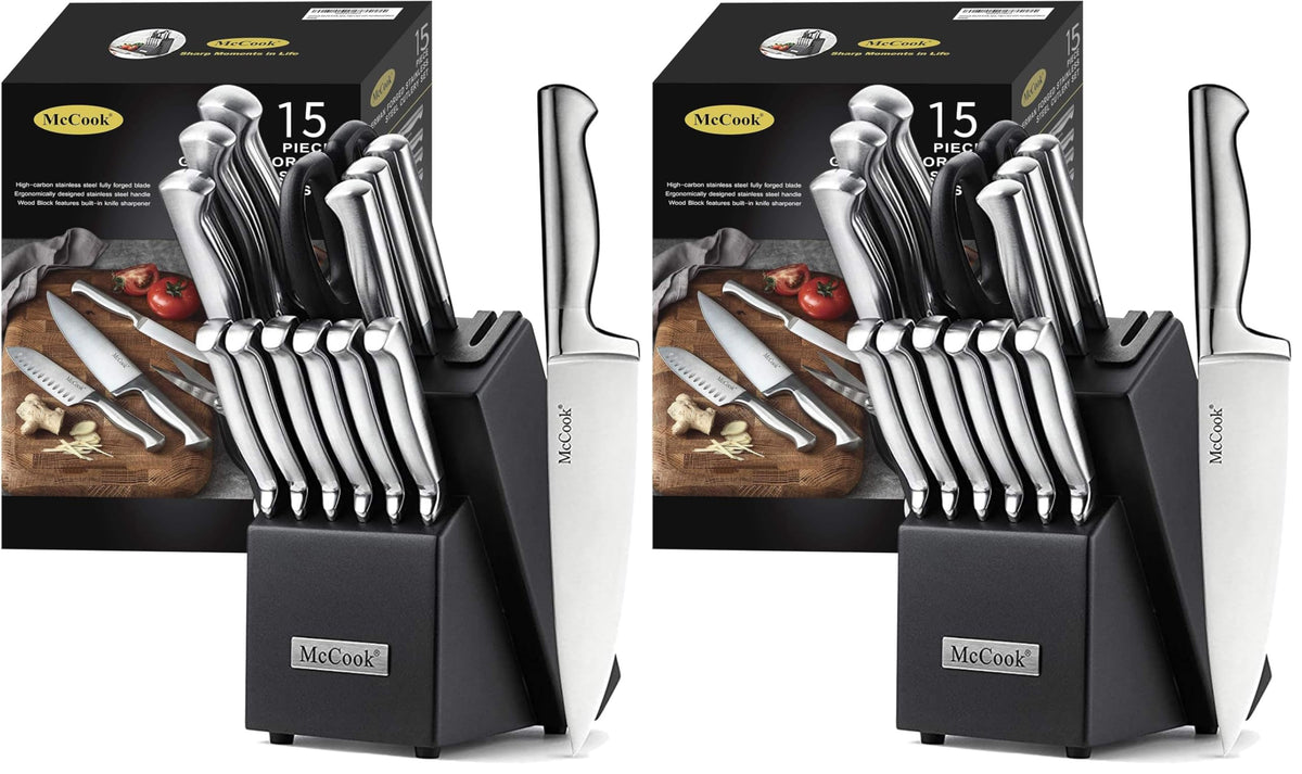 McCook Kitchen Knife Set 15PC Knife Block Set w Built-in Sharpener