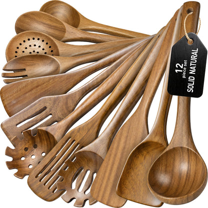 Wooden Spoons for Cooking - 8-Piece Wooden Kitchen Utensil Set made of Natural Solid Wood Material-Includes Spoons,Spatulas,Ladles,Mixing Spoon and Utensil Holder,Holiday Gifts(A08)