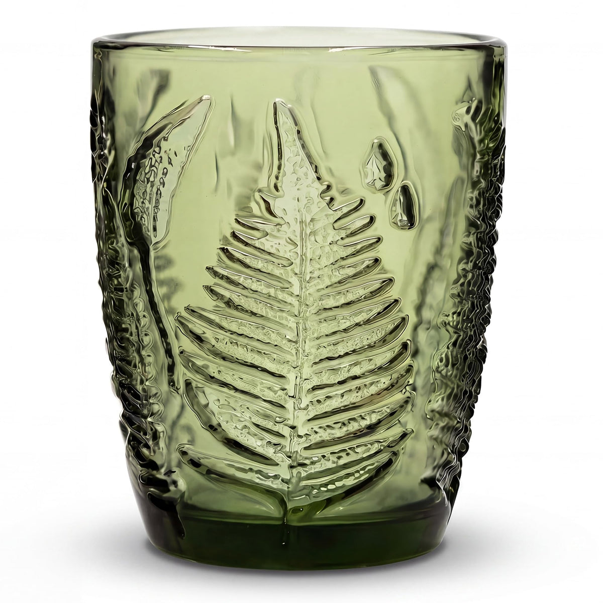Green Drinking Glasses Set of 4, 12 oz Glass Cups, Vintage Fern Glassware