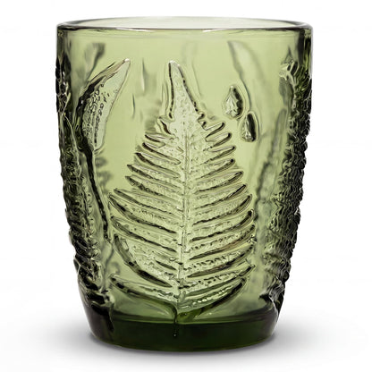 Green Drinking Glasses Set of 4, 12 oz Glass Cups, Vintage Fern Glassware