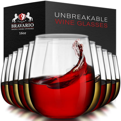 Bravario Unbreakable Stemless Plastic Wine Glasses | Reusable | Shatterproof 100% Tritan Plastic | Dishwasher-Safe | BPA-free | Awesome for Indoor & Outdoor | 16 oz, Set of 4