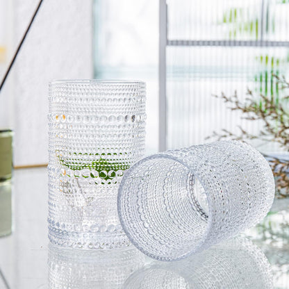 Hobnail Drinking Glasses Set of 4, Art Deco Vintage Glassware, 12 oz Tall Crystal Tumblers, Clear Embossed Glass Cups, Romantic Iced Beverage Glass, for Beer, Cocktail, Soda, Cappuccino