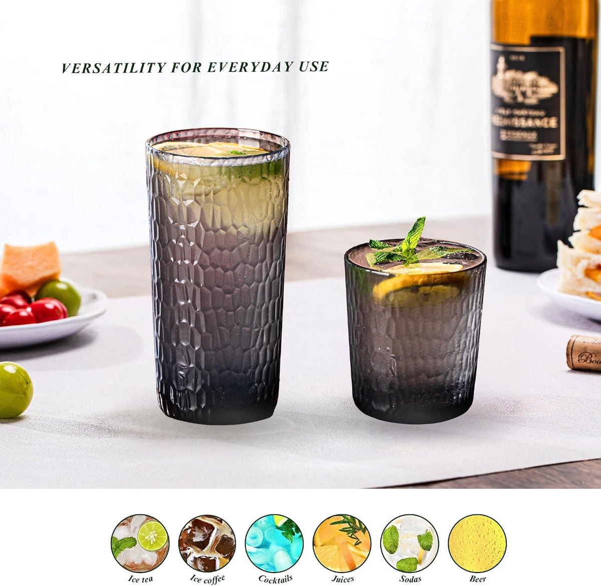 15oz and 22oz Grey Acrylic Glasses Drinkware (Set of 8), Honeycomb Stackable Shatter-Proof Plastic Tumblers, Reusable Plastic Drinking Glasses, BPA-Free, Dishwasher-Safe