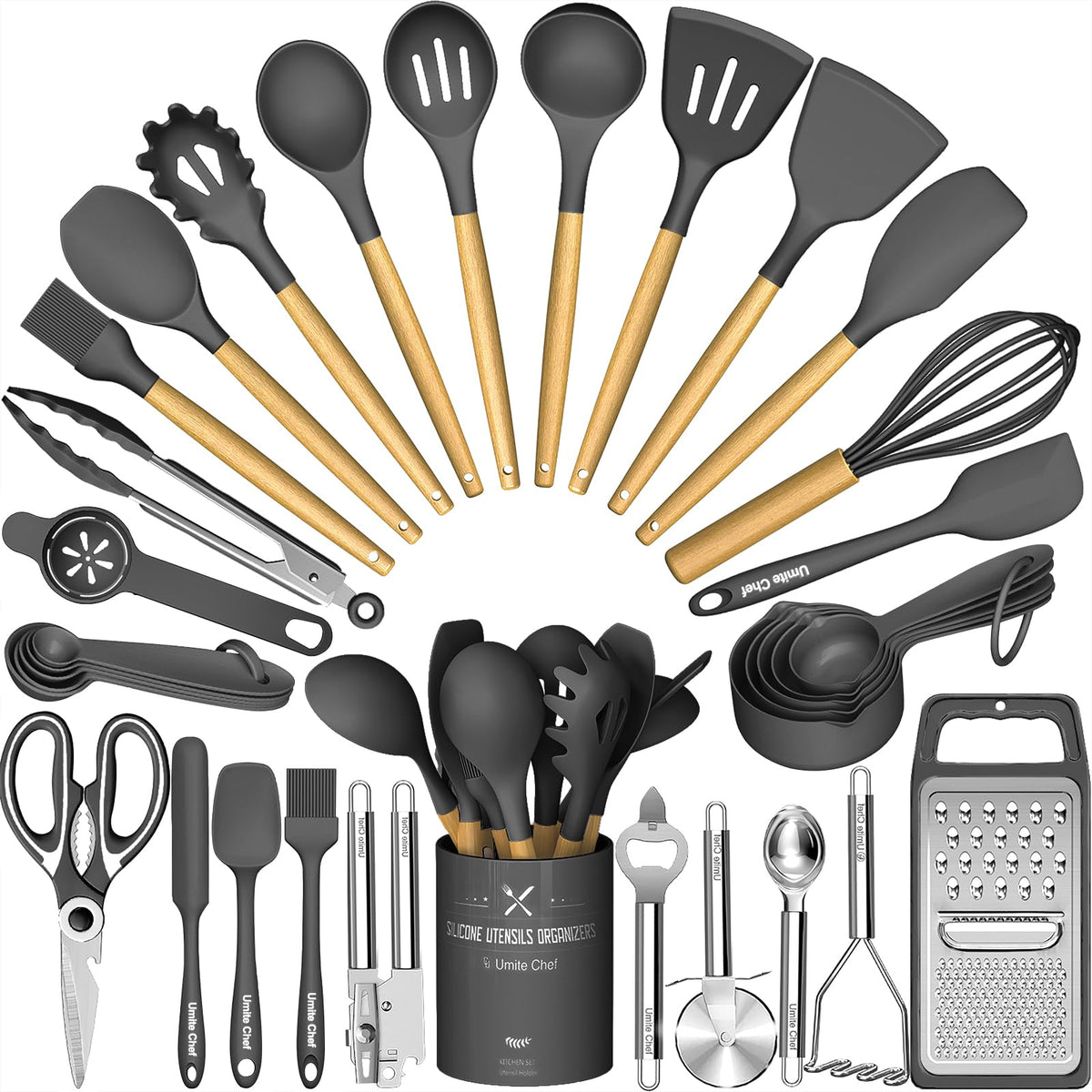 Kitchen Utensils Set- 34PCS Silicone Cooking Utensil with Holder, Umite Chef Heat Resistant Kitchen Spatula Set for Nonstick Cookware, Black Wooden Handles Kitchen Gadgets Tools Set