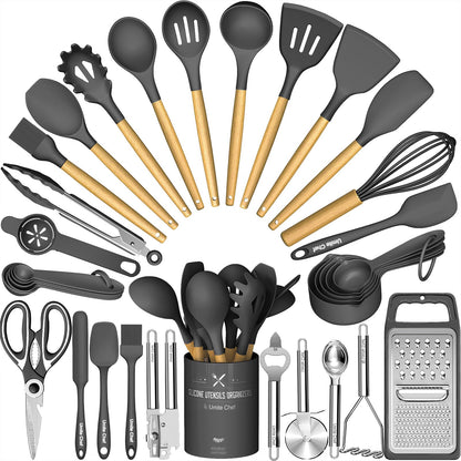 Kitchen Utensils Set- 34PCS Silicone Cooking Utensil with Holder, Umite Chef Heat Resistant Kitchen Spatula Set for Nonstick Cookware, Black Wooden Handles Kitchen Gadgets Tools Set