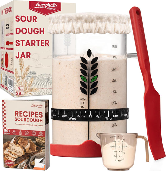 Ayerphalo 38oz Glass Sourdough Starter Jar Kit for Beginners with Guidebook