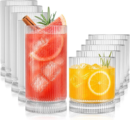 KEMORELA Ribbed Glassware Set of 8—4 Large Capacity Highball Glasses 16oz, 4 Rocks Glass Cups 13oz, Cocktail Glasses, Drinking Glasses Ideal for Beer, Juice, Ice Coffee Cup, Whiskey, Mixed Drinkware