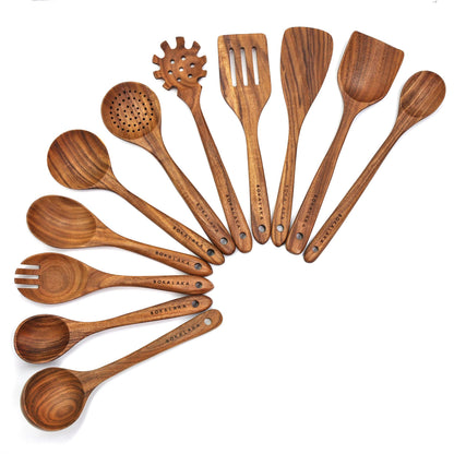 Wooden Spoons for Cooking,10 Pcs Natural Teak Wooden Kitchen Utensils Set Wooden Utensils for Cooking Wooden Cooking Utensils Wooden Spatulas for Cooking (10)