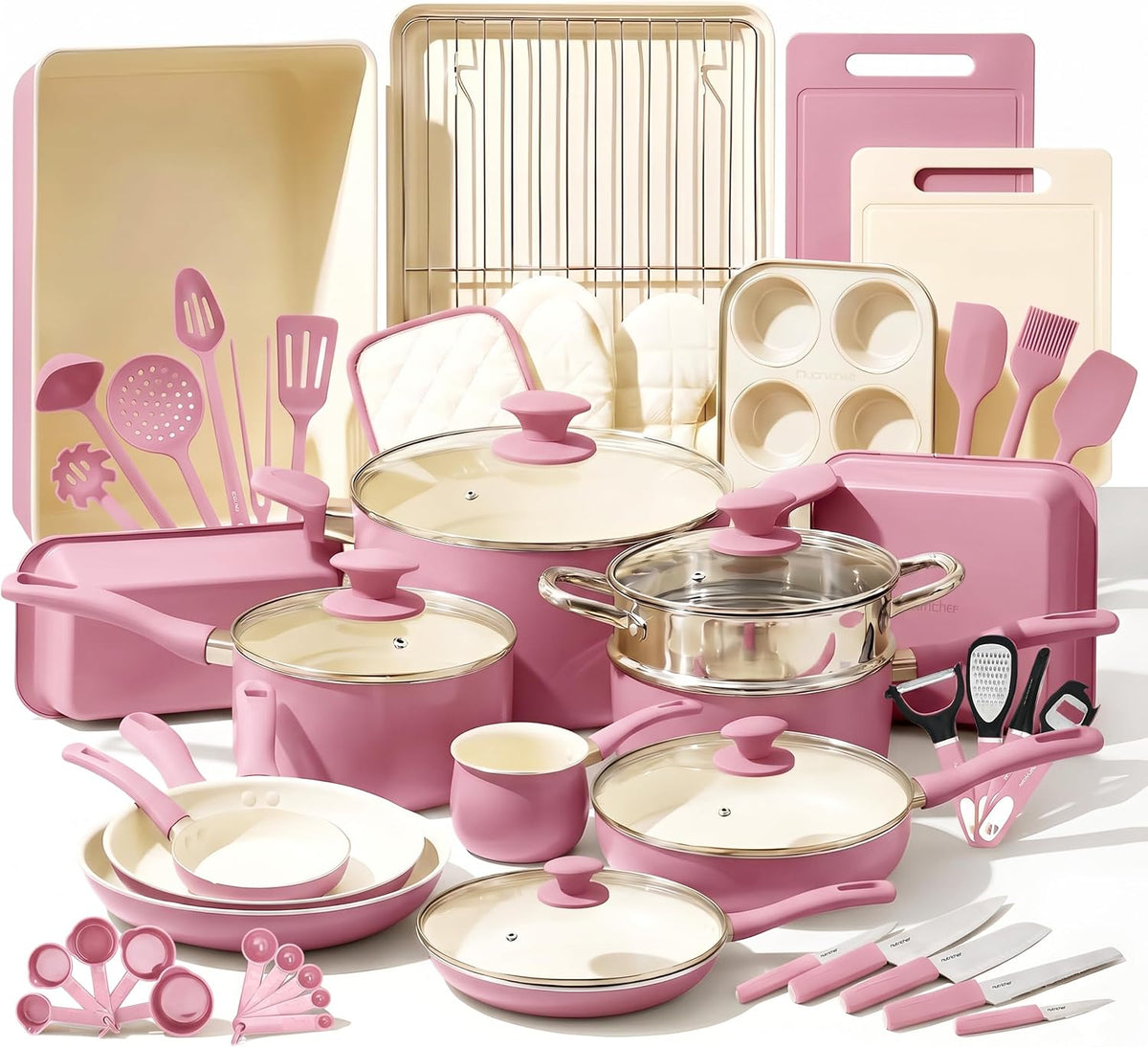 NutriChef 54-Piece Kitchen Cookware Set – Complete Non-Stick Ceramic Pots and Pans Set with Utensils, Bakeware, and Knife Set, Gas, Electric & Induction Compatible, Blush Pink Kitchen Essentials