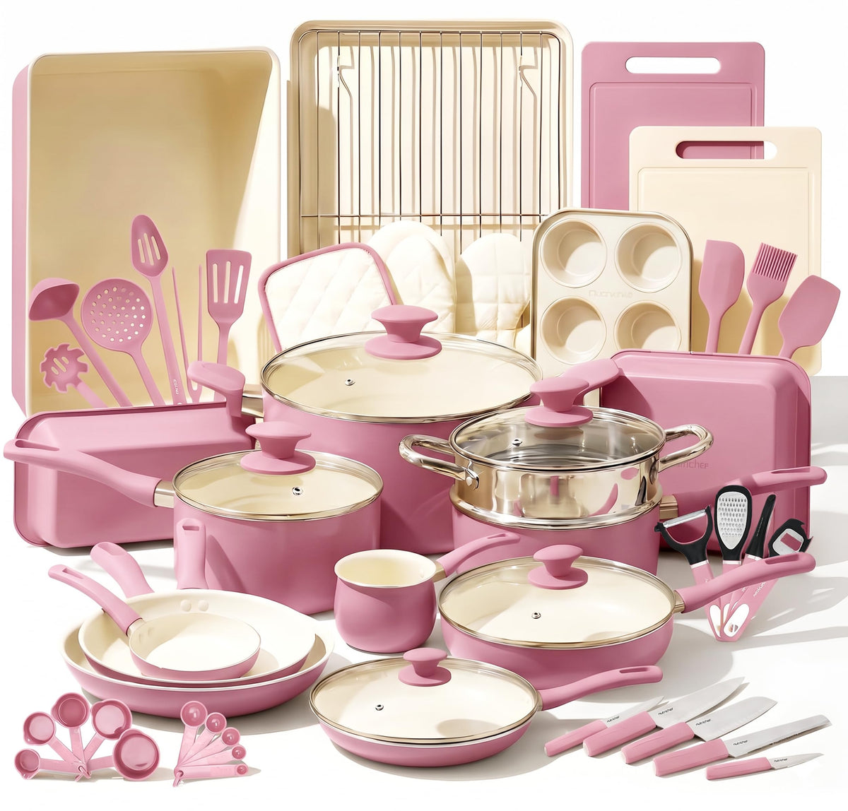 NutriChef 54-Piece Kitchen Cookware Set – Complete Non-Stick Ceramic Pots and Pans Set with Utensils, Bakeware, and Knife Set, Gas, Electric & Induction Compatible, Blush Pink Kitchen Essentials