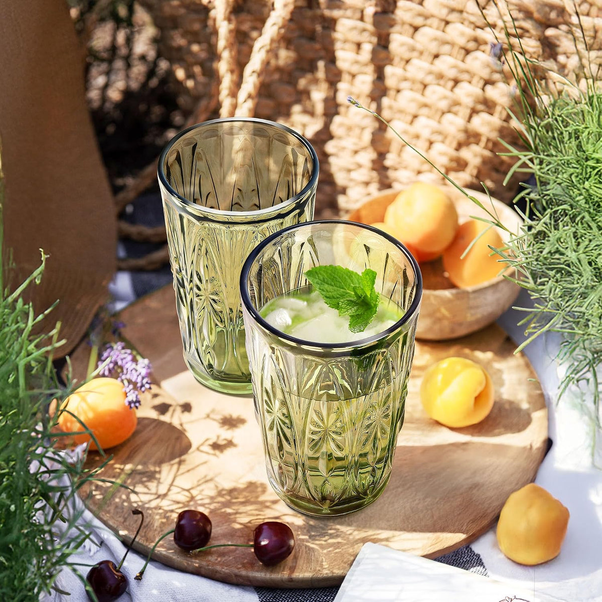 Joeyan Green Vintage Drinking Glasses,Embossed Highball Water Glass Tumbler