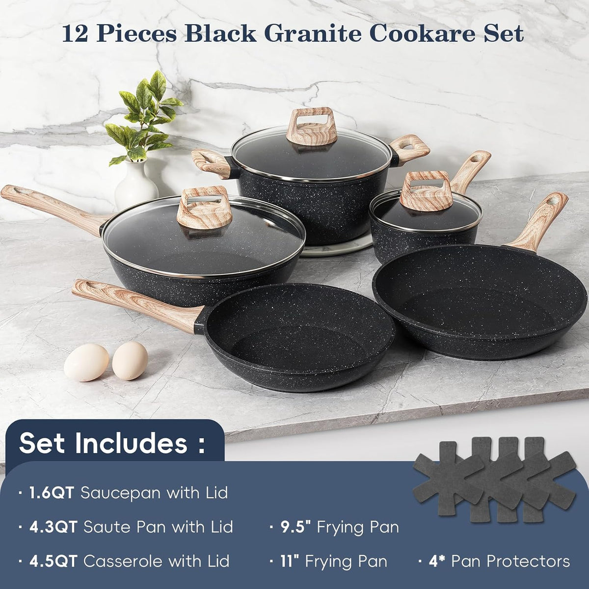 SODAY Pots and Pans Set Non Stick, 12Pcs Black Granite Induction Cookware
