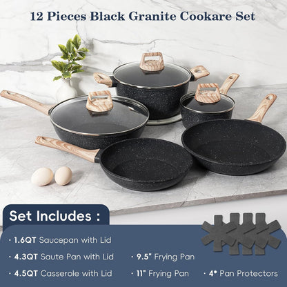 SODAY Pots and Pans Set Non Stick, 12Pcs Black Granite Induction Cookware