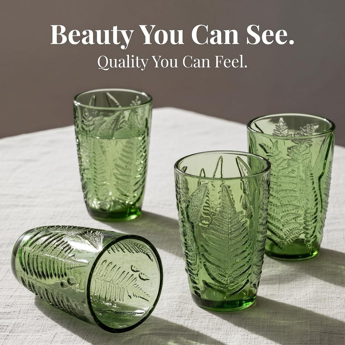 Green Drinking Glasses Set of 4, 12 oz Glass Cups, Vintage Fern Glassware
