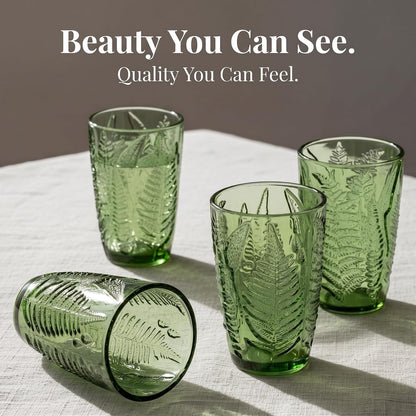 Green Drinking Glasses Set of 4, 12 oz Glass Cups, Vintage Fern Glassware