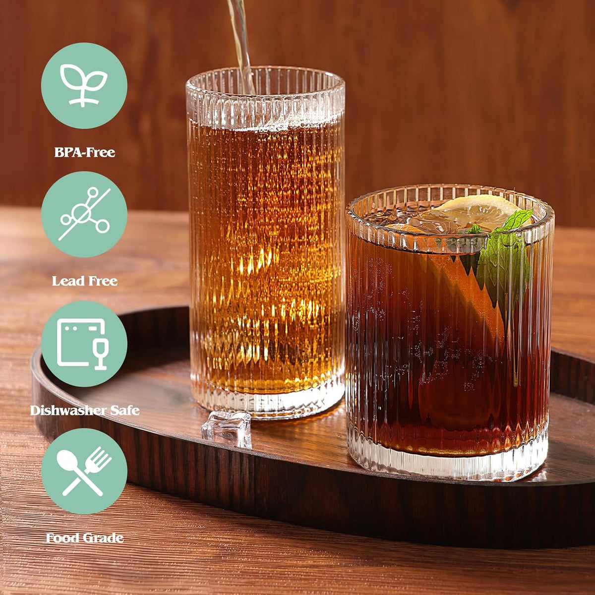 Moretoes Ribbed Glass Cups Set of 12 Drinking Glasses