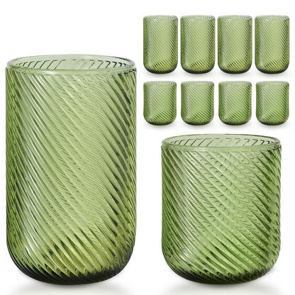 Set of 8 Ribbed Glassware,4 Highball Glasses 14oz & 4 Rocks Drinking Glasses 9oz, Green, Origami Style, Fluted Design, for Milk, Water, Cocktail, Juice, Beer, ToothBrush Cup, Gift