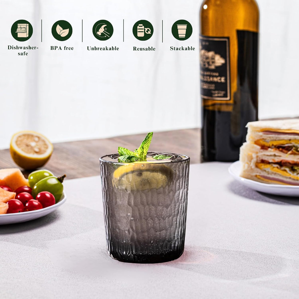 15oz and 22oz Grey Acrylic Glasses Drinkware (Set of 8), Honeycomb Stackable Shatter-Proof Plastic Tumblers, Reusable Plastic Drinking Glasses, BPA-Free, Dishwasher-Safe