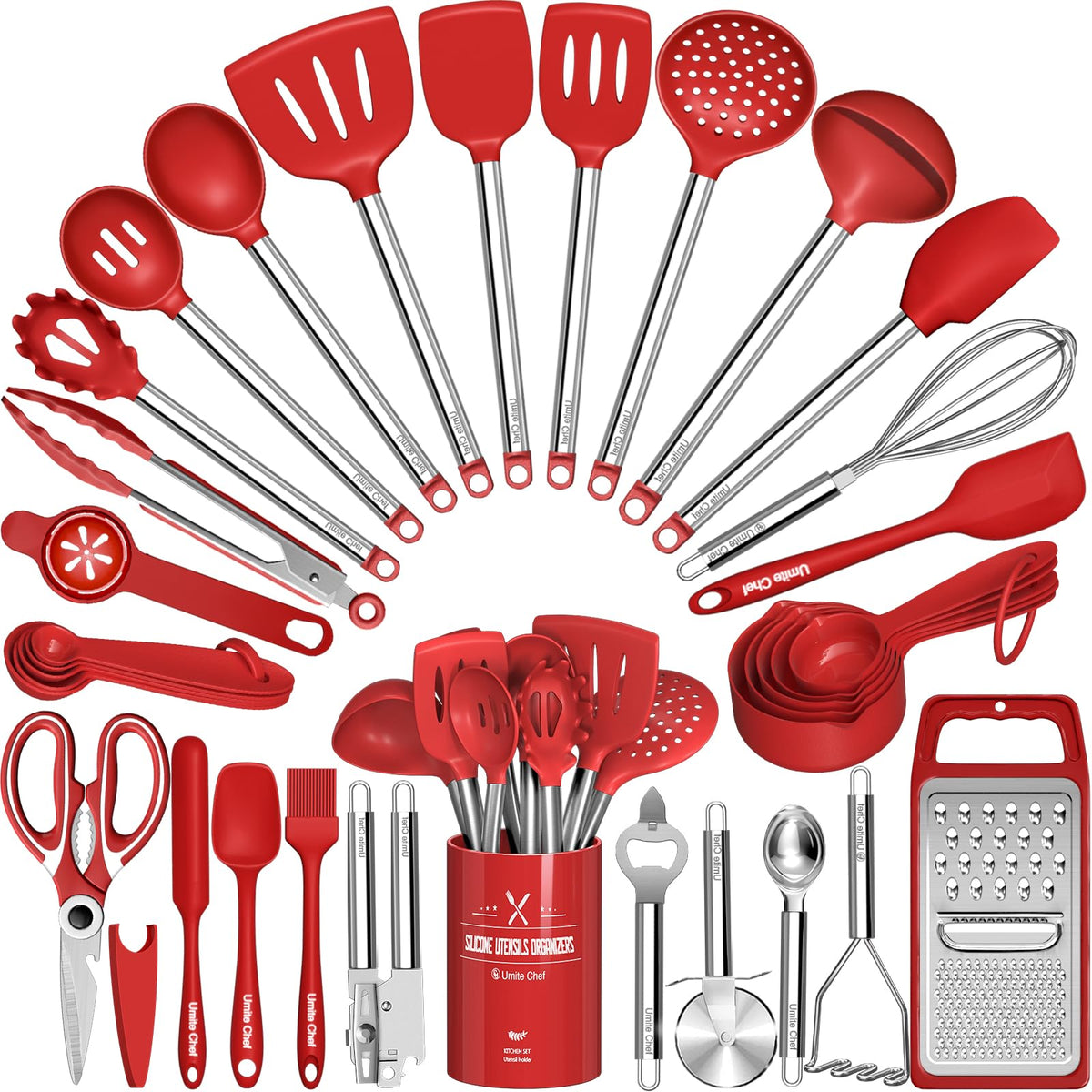 Umite Chef Thickened Kitchen Utensils Set- Silicone Cooking Utensils Set for Nonstick Cookware-Silicone Spatulas Set, Heavy Duty Stainless Steel Handle-Black Kitchen Gadgets Tools Set