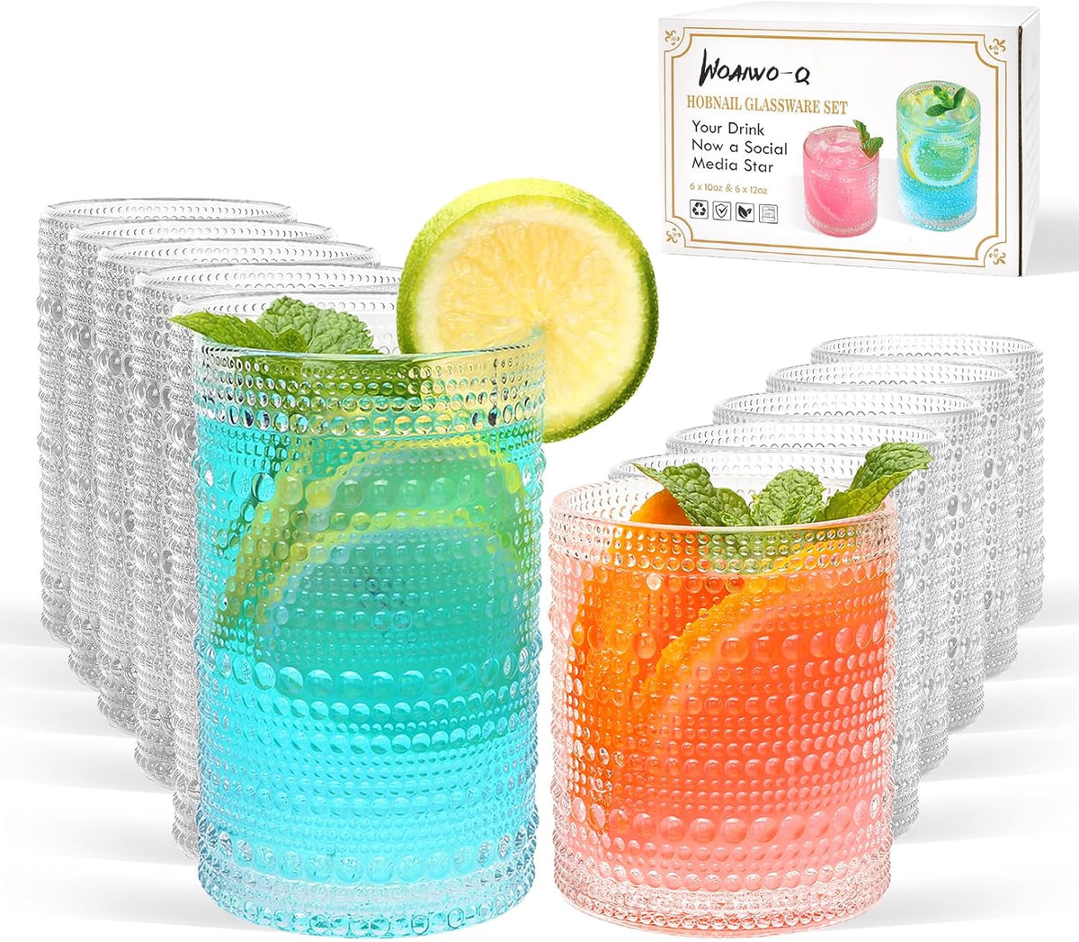 Hobnail Drinking Glasses, Tumbler Glassware, Set of 12
