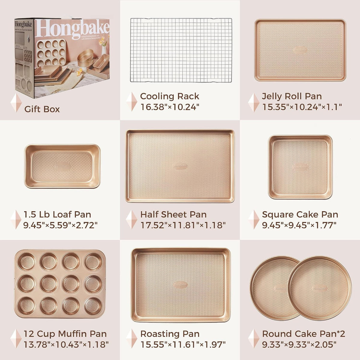 HONGBAKE 9-Piece Baking Pans Set Nonstick, Stackable Non Toxic Bakeware Sets with Diamond Texture, Oven Pan Set for Cooking, Includes Cookie Sheet with Rack, Cake Pan, Roasting Pan, Muffin Tin, Gold