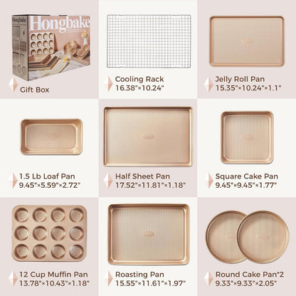 HONGBAKE 9-Piece Baking Pans Set Nonstick, Stackable Non Toxic Bakeware Sets with Diamond Texture, Oven Pan Set for Cooking, Includes Cookie Sheet with Rack, Cake Pan, Roasting Pan, Muffin Tin, Gold