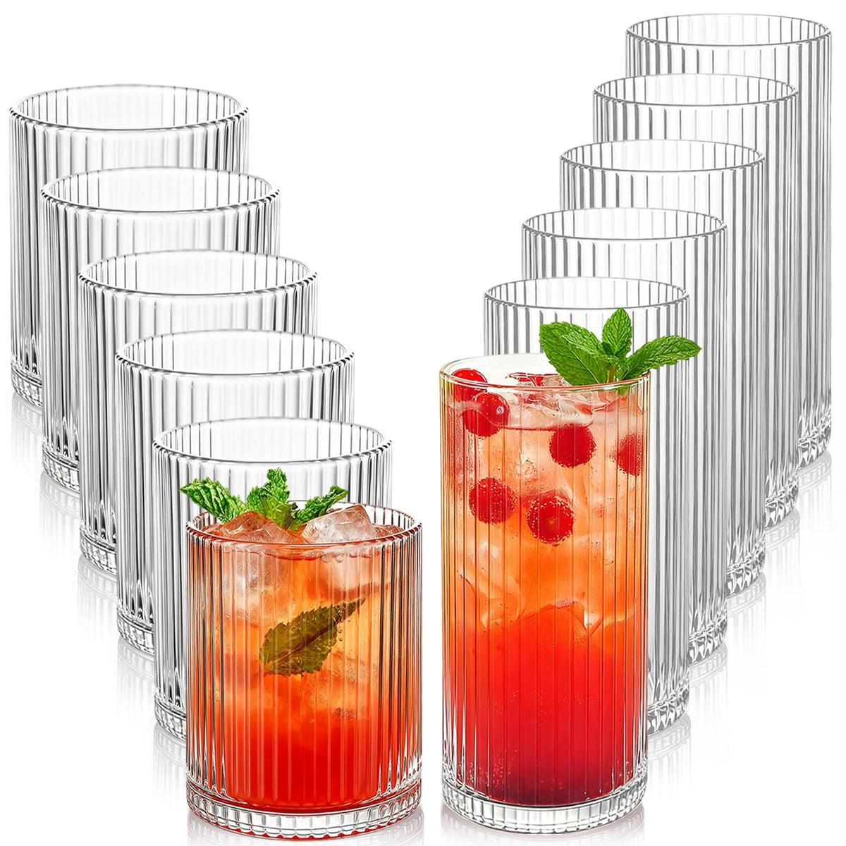 Ribbed Drinking Glasses 8pcs, 12oz and 10oz Glassware, Tumbler Glasses Cup Set for Wedding, Party, Christmas Gift, Clear