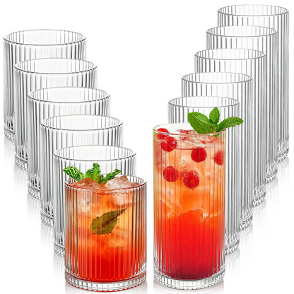 Ribbed Drinking Glasses 8pcs, 12oz and 10oz Glassware, Tumbler Glasses Cup Set for Wedding, Party, Christmas Gift, Clear