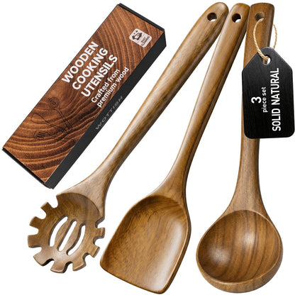 Wooden Spoons for Cooking - 8-Piece Wooden Kitchen Utensil Set made of Natural Solid Wood Material-Includes Spoons,Spatulas,Ladles,Mixing Spoon and Utensil Holder,Holiday Gifts(A08)
