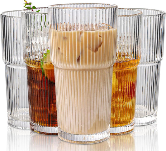 Set of 6 Oversize Ribbed Glassware, 20oz Vintage Clear Glass Tumbler, Large capacity, Origami Style, Fluted Design, Ideal for Water, Iced Coffee, Beer, Tea, Latte, Housewarming Gift (Large)