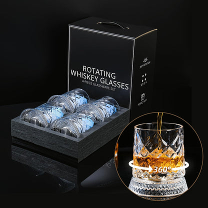 GuGen Spinning Whiskey Glasses, Rotating Old Fashioned Rocks Glasses, 9.5oz Lead-Free Clear Bourbon Scotch Liquor Cocktail Glasses with Ice Ball Molds, Set of 4 for Home Bar Party Whiskey Lovers Gift