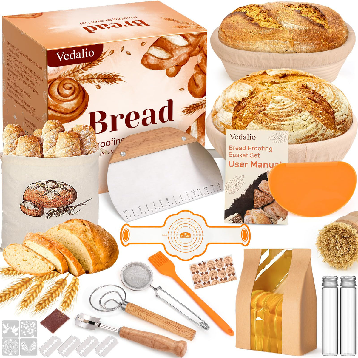 Sourdough Starter Kit with Bread Proofing Baskets, Jars, Baking Essentials