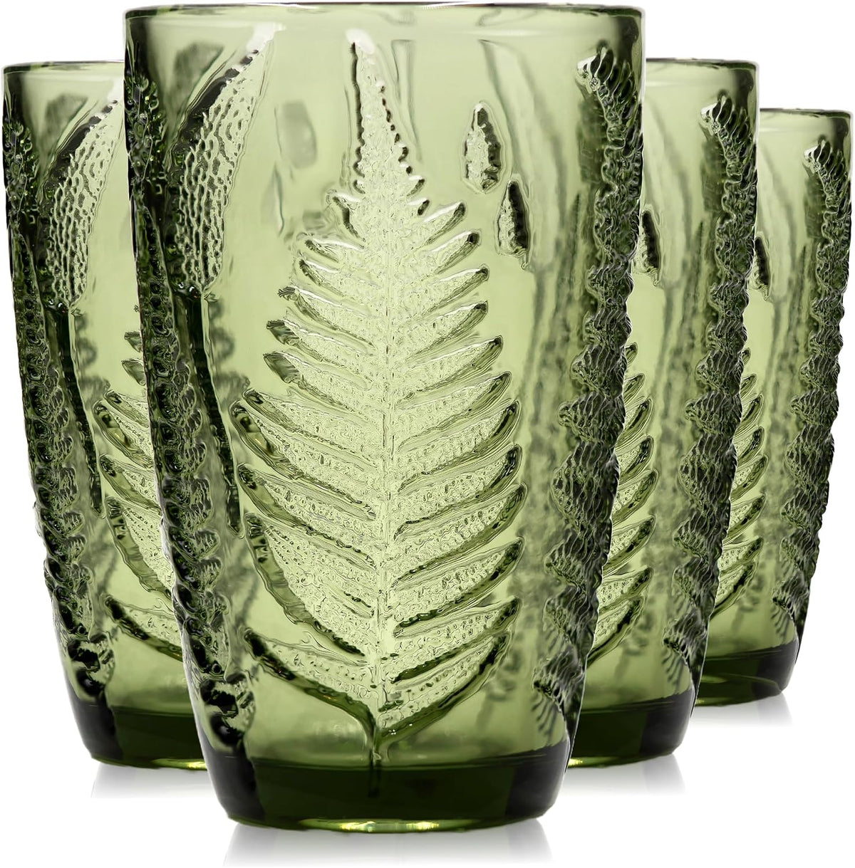 Green Drinking Glasses Set of 4, 12 oz Glass Cups, Vintage Fern Glassware