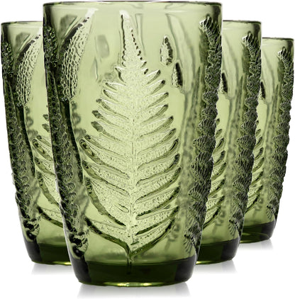 Green Drinking Glasses Set of 4, 12 oz Glass Cups, Vintage Fern Glassware