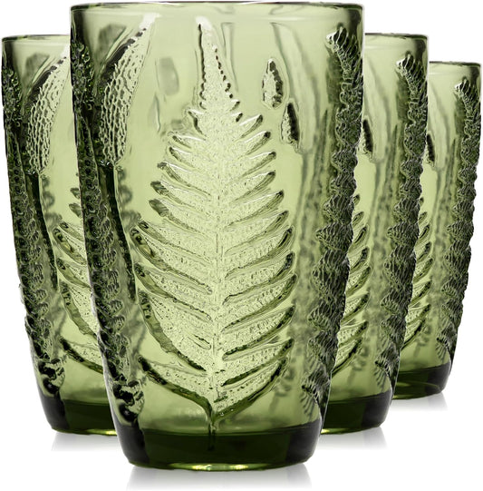 Green Drinking Glasses Set of 4, 12 oz Glass Cups, Vintage Fern Glassware