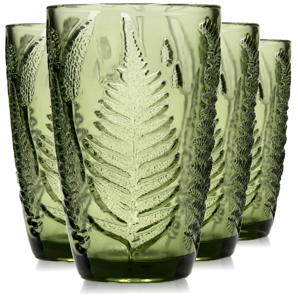 Green Drinking Glasses Set of 4, 12 oz Glass Cups, Vintage Fern Glassware