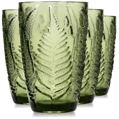 Green Drinking Glasses Set of 4, 12 oz Glass Cups, Vintage Fern Glassware