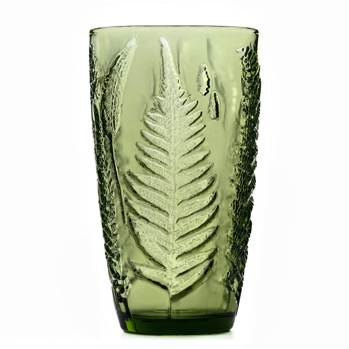Green Drinking Glasses Set of 4, 12 oz Glass Cups, Vintage Fern Glassware