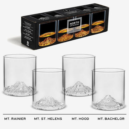 North Drinkware Pacific Northwest Glass Gift Set of 4 — Mountain rocks glasses, Gifts for Men, 9-oz tumbler: Mt. Rainier, Mt. St. Helens, Mt. Hood, Mt. Bachelor