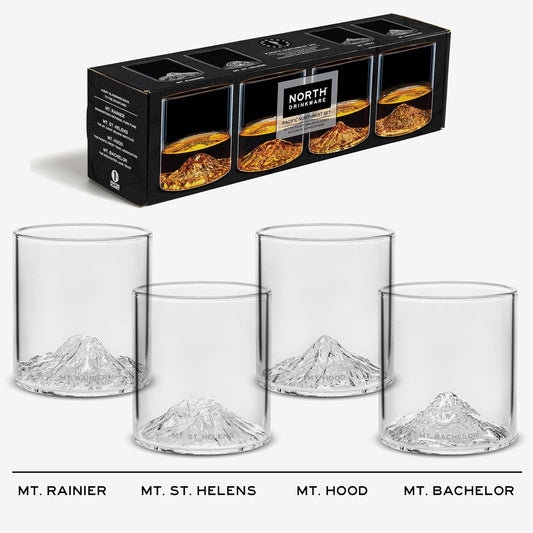 North Drinkware Pacific Northwest Glass Gift Set of 4 — Mountain rocks glasses, Gifts for Men, 9-oz tumbler: Mt. Rainier, Mt. St. Helens, Mt. Hood, Mt. Bachelor
