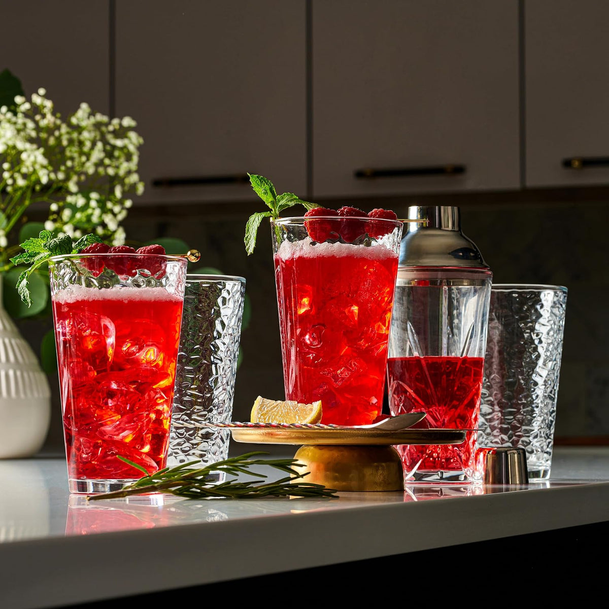 Le'raze Set of 10 Hammered Glass Cups, Clear Heavy Base Drinking Glasses