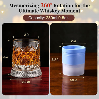 GuGen Spinning Whiskey Glasses, Rotating Old Fashioned Rocks Glasses, 9.5oz Lead-Free Clear Bourbon Scotch Liquor Cocktail Glasses with Ice Ball Molds, Set of 4 for Home Bar Party Whiskey Lovers Gift